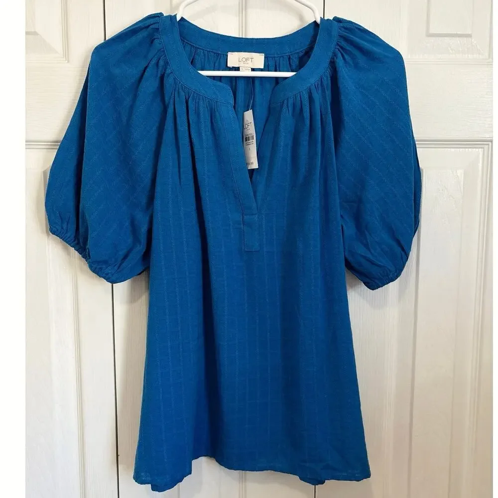 NWT Loft Women's Royal Blue Short Puff Sleeve V-Neck Top